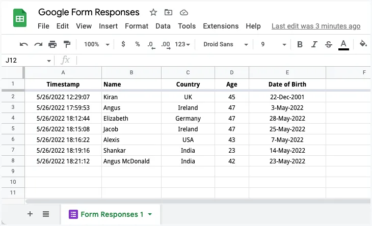 Google Forms Response Sheet