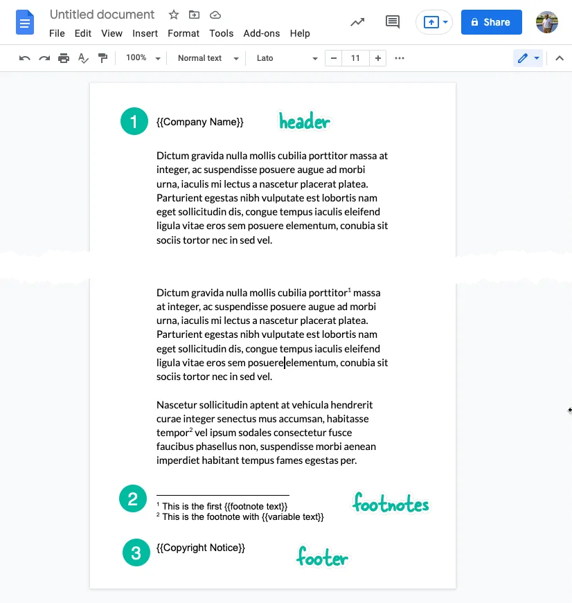 Header and footer in Google Docs