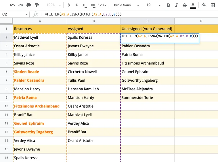 Google Sheets MATCH function