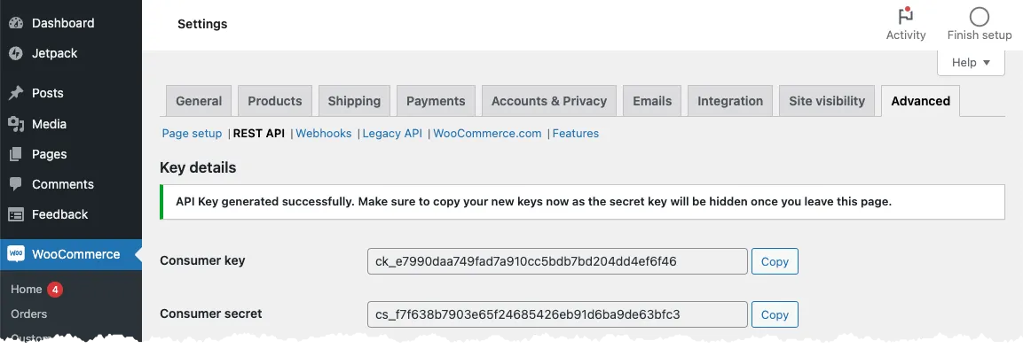 WooCommerce Consumer Key and Secret