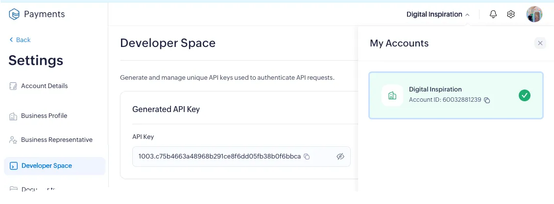 Zoho Payments - Account ID and API Key