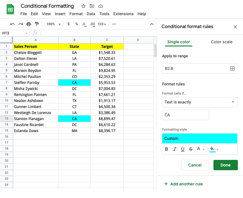 Highlight Cells in Google Sheets