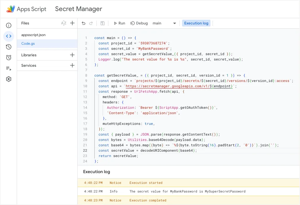 Google Apps Script - Secret manager