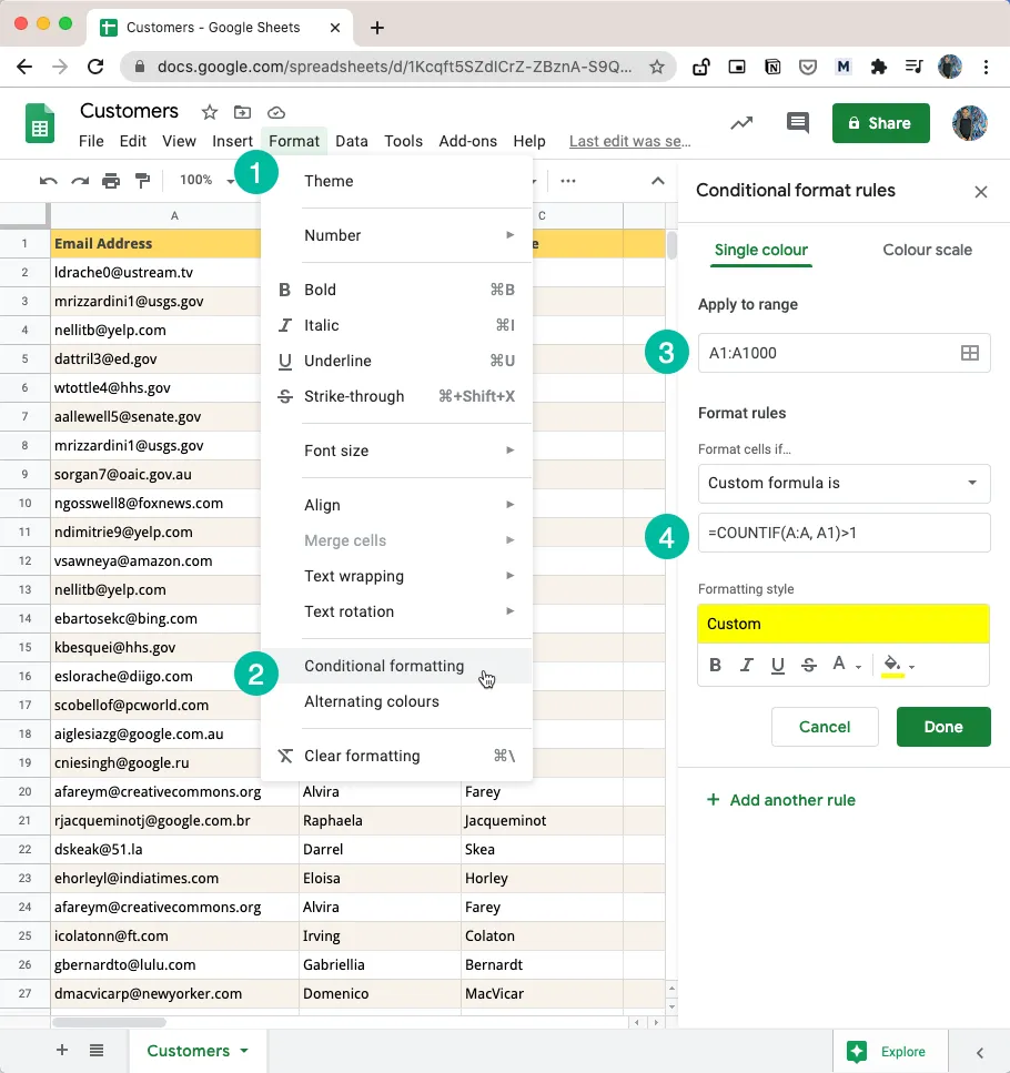 Highlight Duplicates in Google Sheets