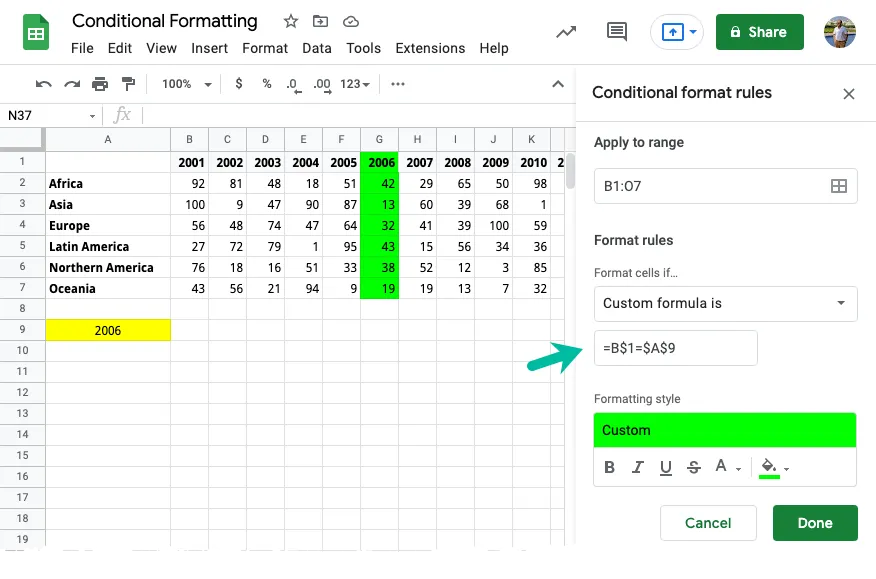 Conditional Formatting Column in Google Sheets