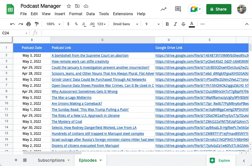 Google Sheets Podcast List