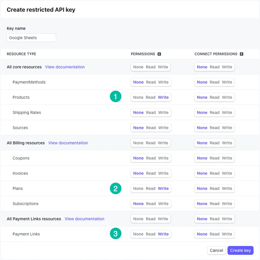 Generate Stripe API Restricted Key