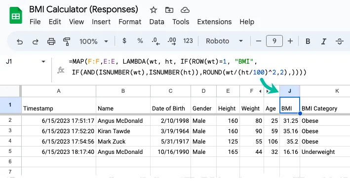 BMI Calculations in Google Sheets