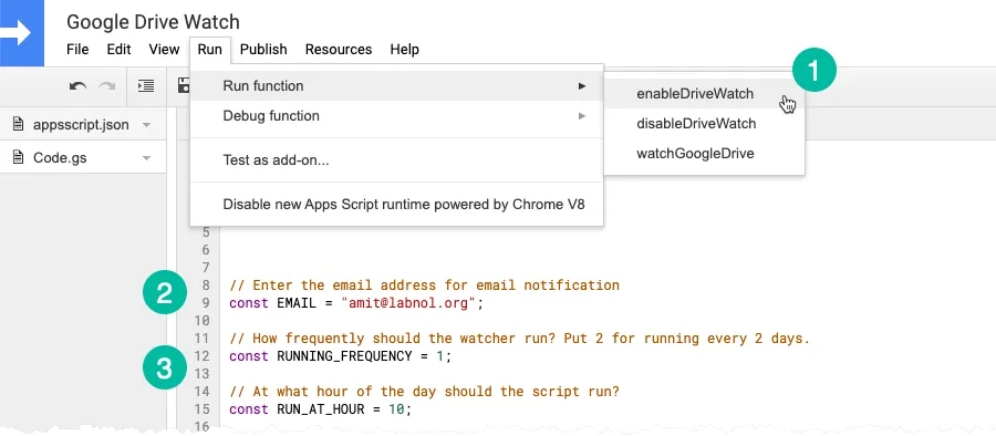 Configure Google Drive Watch Email