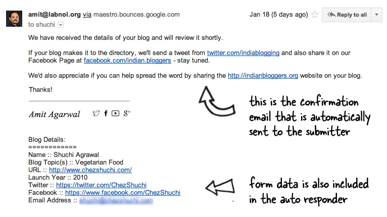 A sample auto confirmation email sent through Google Forms