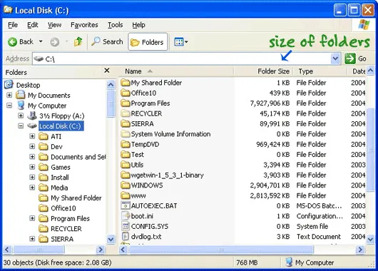 folder size in windows explorer