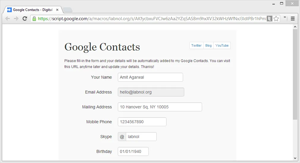 Google Contacts Form