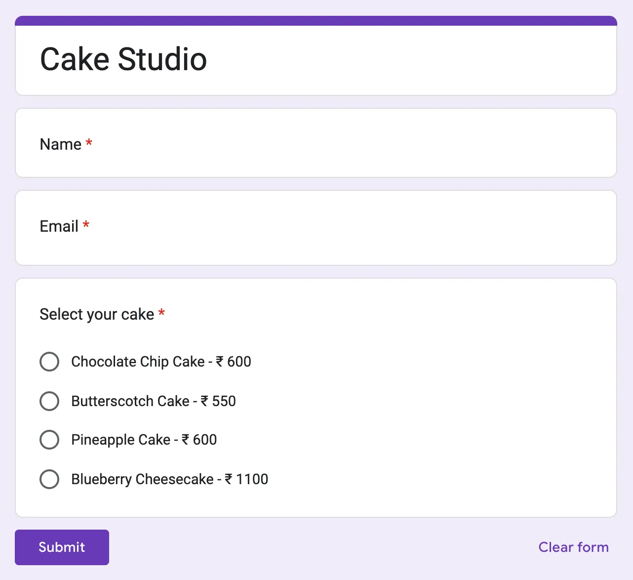 Google Form for Orders