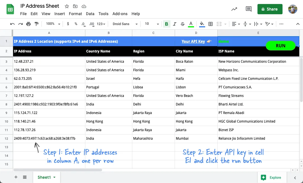 Google Sheets - IP 2 Location