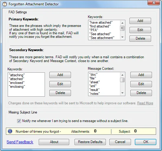 attachments keywords