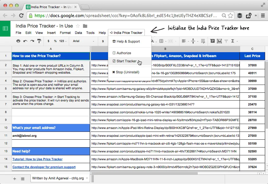 India Price Tracking in Google Sheets