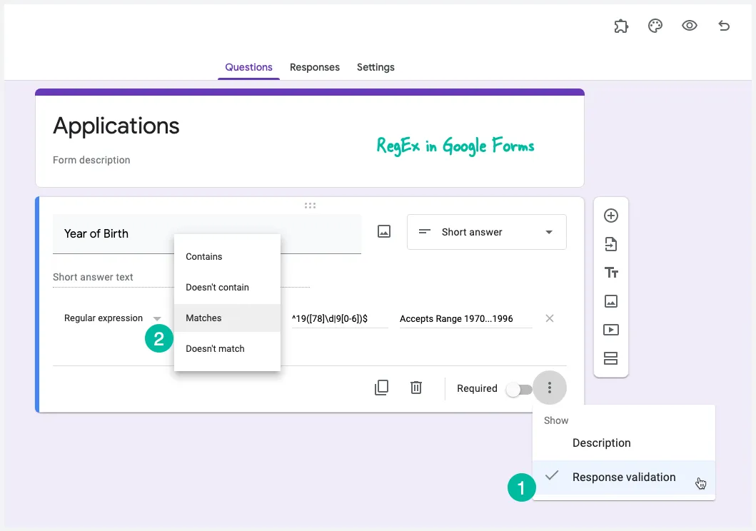 Advanced data validation in Google Forms using RegEx (regular expressions)