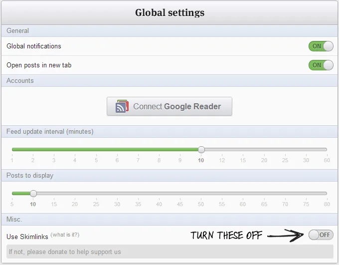 RSS Reader Settings