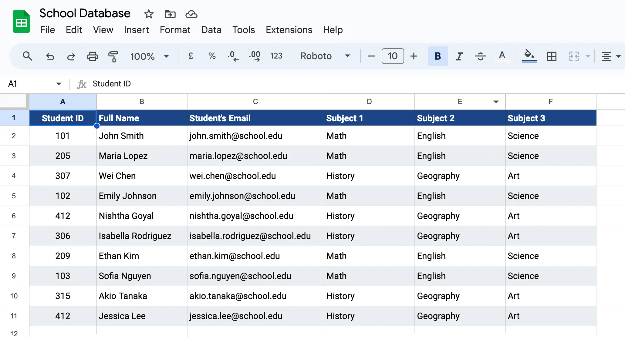 Students' data in Google Sheets