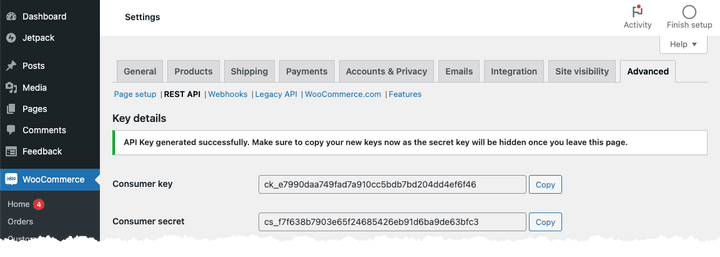 WooCommerce Consumer Key and Secret