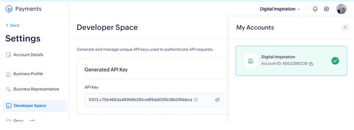 Zoho Payments - Account ID and API Key